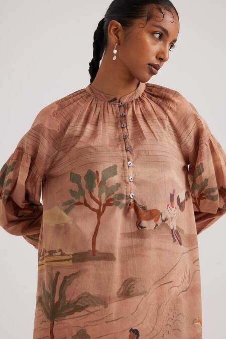 Shop_Cord_Brown Cotton, Voile Embroidery Bandeau Neck Derby Print Essential Tunic_Online_at_Aza_Fashions