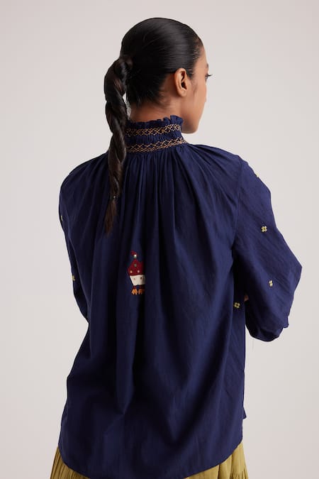 Shop_Cord_Blue Cotton Dobby Embroidered Folk High Neck Farmer Top _at_Aza_Fashions