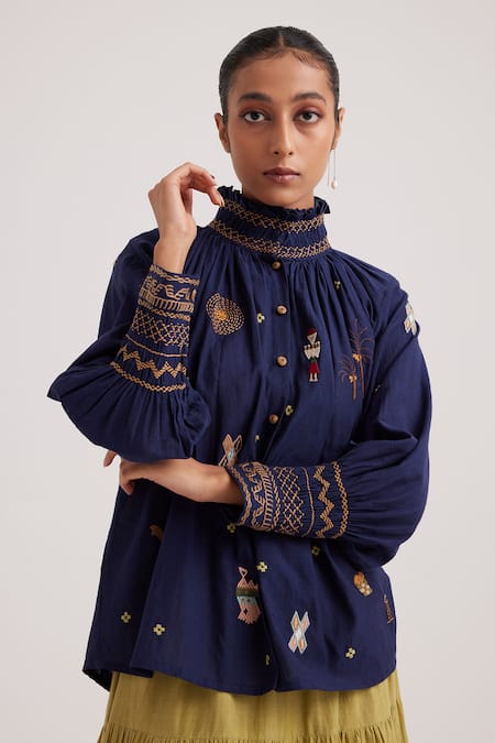 Cord_Blue Cotton Dobby Embroidered Folk High Neck Farmer Top _Online_at_Aza_Fashions
