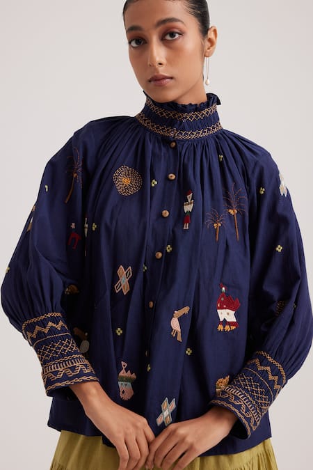 Buy_Cord_Blue Cotton Dobby Embroidered Folk High Neck Farmer Top _Online_at_Aza_Fashions