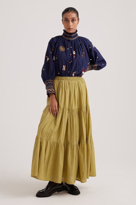 Shop_Cord_Blue Cotton Dobby Embroidered Folk High Neck Farmer Top _Online_at_Aza_Fashions