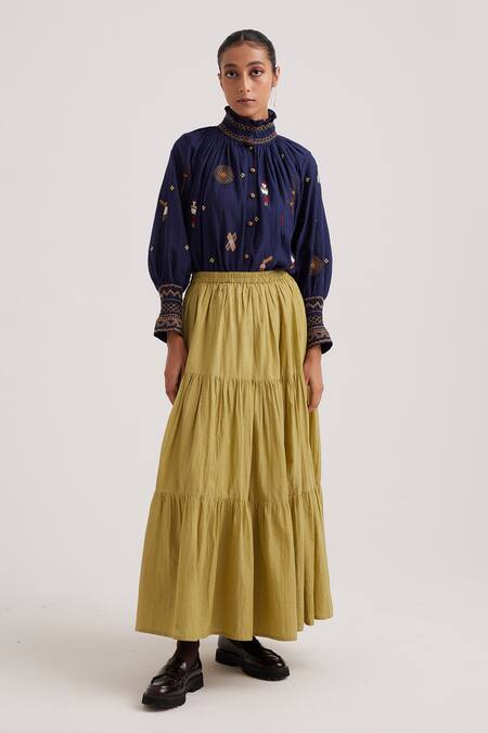 Cord_Blue Cotton Dobby Embroidered Folk High Neck Farmer Top _at_Aza_Fashions