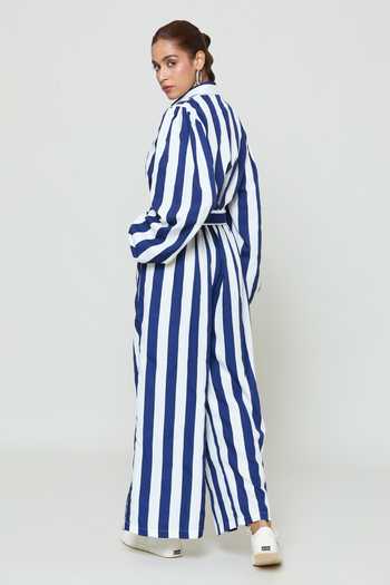 Shop Samyukta Singhania Blue Crepe Collared Stripe Print Cropped Shirt With Trouser at Aza Fashions Shop_Samyukta Singhania_Blue Crepe Collared Stripe Print Cropped Shirt With Trouser_at_Aza_Fashions
