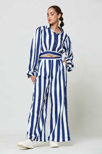 Samyukta Singhania Blue Crepe Collared Stripe Print Cropped Shirt With Trouser Online at Aza Fashions Samyukta Singhania_Blue Crepe Collared Stripe Print Cropped Shirt With Trouser_Online_at_Aza_Fashions