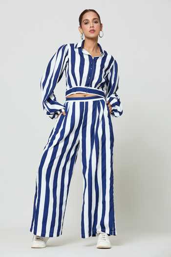 Buy Samyukta Singhania Blue Crepe Collared Stripe Print Cropped Shirt With Trouser Online at Aza Fashions Buy_Samyukta Singhania_Blue Crepe Collared Stripe Print Cropped Shirt With Trouser_Online_at_Aza_Fashions