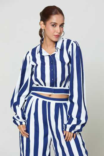 Shop Samyukta Singhania Blue Crepe Collared Stripe Print Cropped Shirt With Trouser Online at Aza Fashions Shop_Samyukta Singhania_Blue Crepe Collared Stripe Print Cropped Shirt With Trouser_Online_at_Aza_Fashions