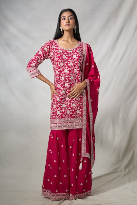 Khwaab by Sanjana Lakhani Pink Chinon Embroidery Flower Round Neck Resham Straight Kurta Palazzo Set