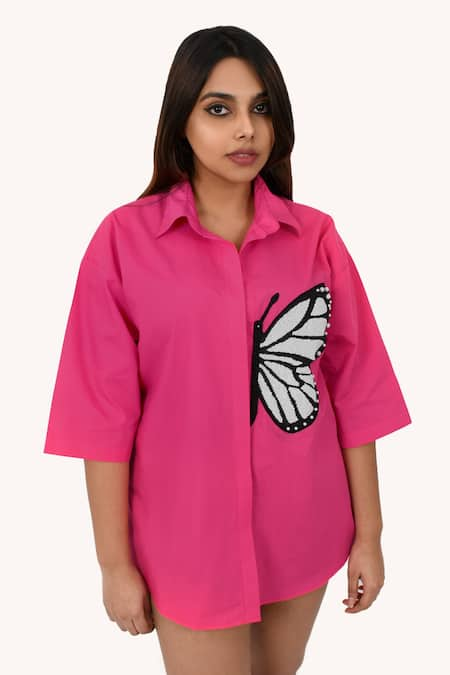 Buy Pink Cotton Hand Embroidered Beads Collar Butterfly Shirt For Women ...