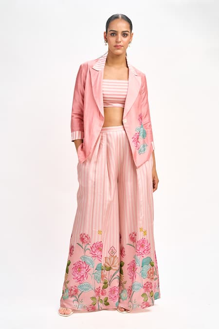 Tanu Malhotra Peach Blazer And Crop Top Cotton Printed Lotus Blazer Notched Flared Pant Set 