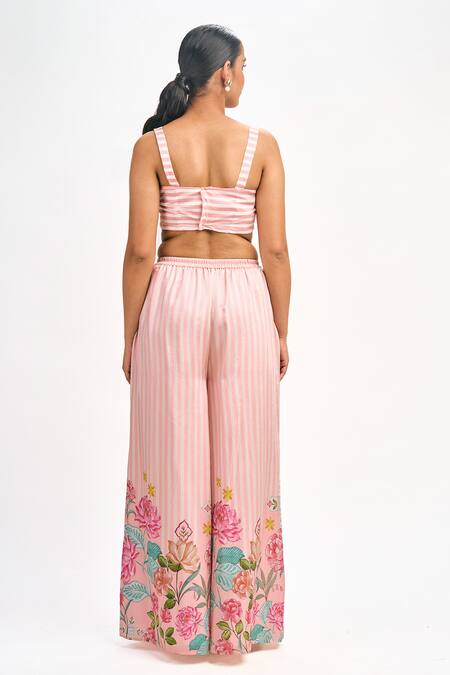 Shop_Tanu Malhotra_Peach Cotton, Silk Embroidery Square Neck Printed Blazer Flared Pant Set _at_Aza_Fashions