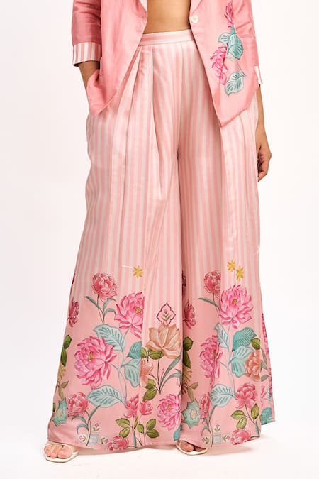 Buy_Tanu Malhotra_Peach Cotton, Silk Embroidery Square Neck Printed Blazer Flared Pant Set _Online_at_Aza_Fashions