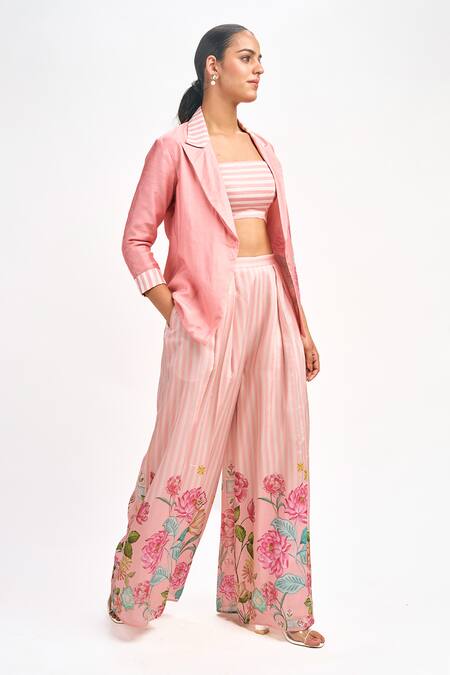 Shop_Tanu Malhotra_Peach Cotton, Silk Embroidery Square Neck Printed Blazer Flared Pant Set _Online_at_Aza_Fashions