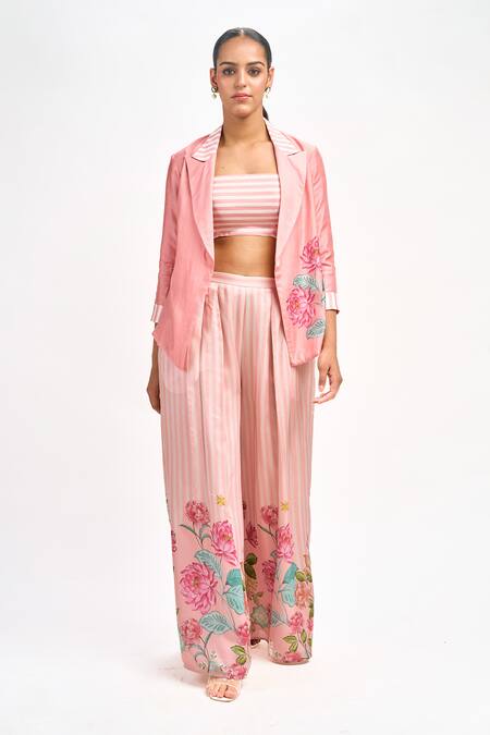 Tanu Malhotra_Peach Cotton, Silk Embroidery Square Neck Printed Blazer Flared Pant Set _at_Aza_Fashions