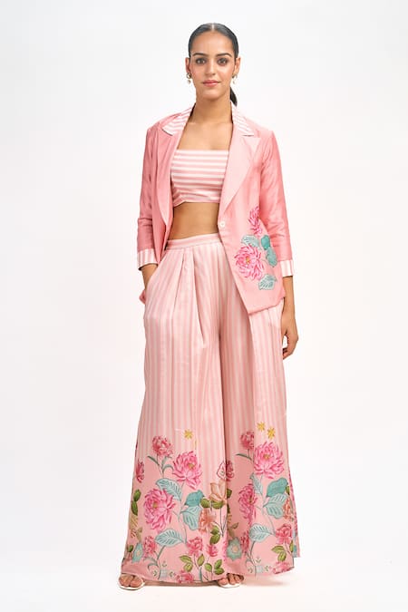 Buy_Tanu Malhotra_Peach Cotton, Silk Embroidery Square Neck Printed Blazer Flared Pant Set 