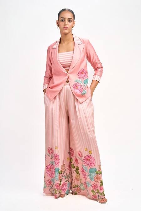 Shop_Tanu Malhotra_Peach Cotton, Silk Embroidery Square Neck Printed Blazer Flared Pant Set 