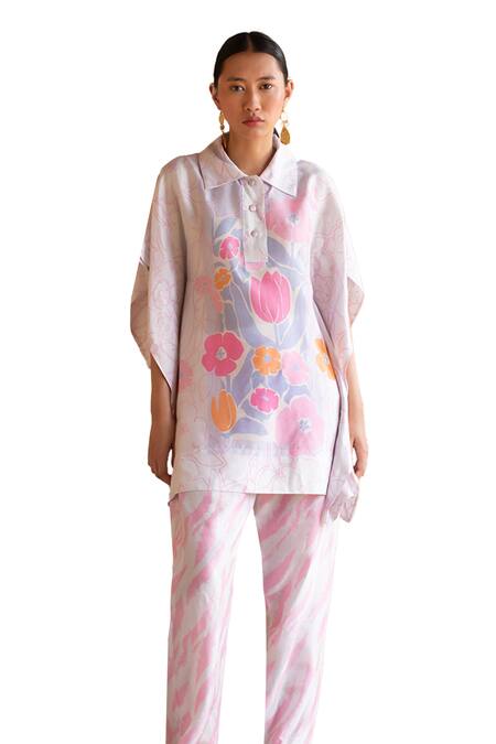 Shop_Clos_White Silk Collared Printed Short Kurta With Pant _Online_at_Aza_Fashions