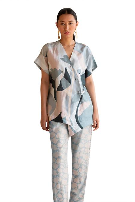 Shop_Clos_Blue Silk V-neck Abstract Print Shirt Jacket With Pant _Online_at_Aza_Fashions