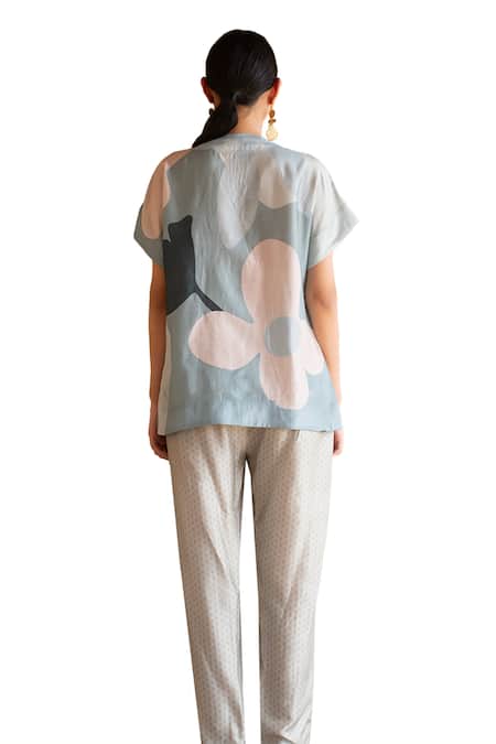 Buy_Clos_Blue Silk V-neck Abstract Print Shirt Jacket With Pant 