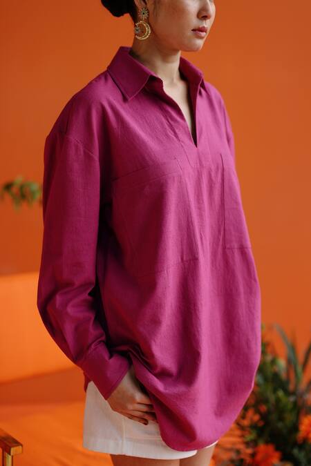 Buy_Label Rama_Magenta Handloom Cotton Plain Collar Primrose Boxy Shirt Tunic_Online_at_Aza_Fashions