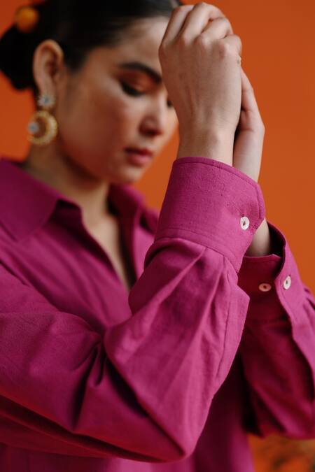 Shop_Label Rama_Magenta Handloom Cotton Plain Collar Primrose Boxy Shirt Tunic_Online_at_Aza_Fashions