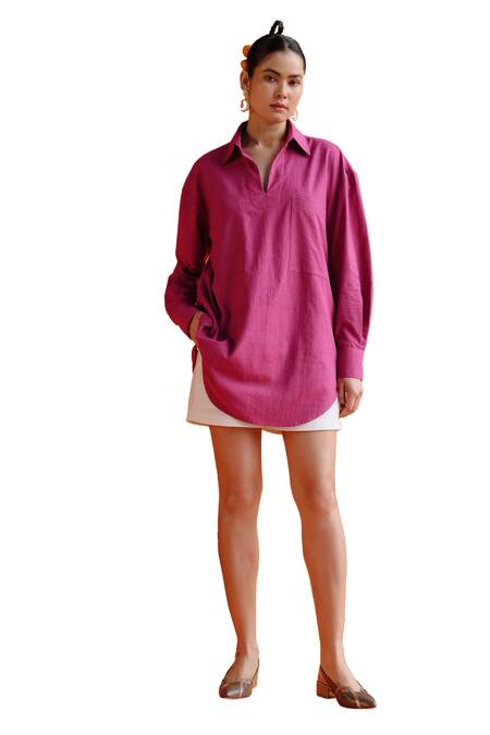 Label Rama_Magenta Handloom Cotton Plain Collar Primrose Boxy Shirt Tunic_at_Aza_Fashions
