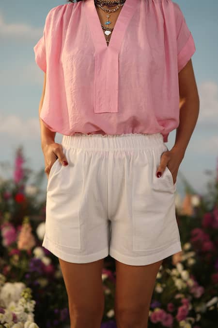 Label Rama_White Handloom Cotton Plain Sunbird Shorts_Online_at_Aza_Fashions