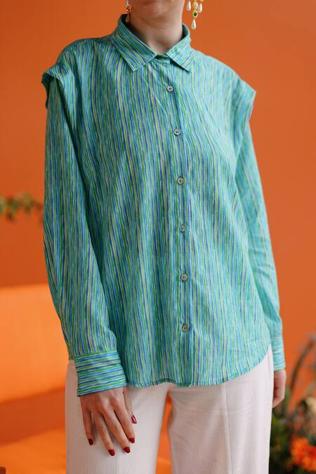 Buy_Label Rama_Blue Muslin Printed Stripe Collar Daffodil Shirt_Online_at_Aza_Fashions