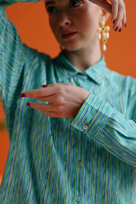 Shop_Label Rama_Blue Muslin Printed Stripe Collar Daffodil Shirt_Online_at_Aza_Fashions