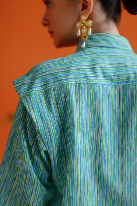 Label Rama_Blue Muslin Printed Stripe Collar Daffodil Shirt_at_Aza_Fashions