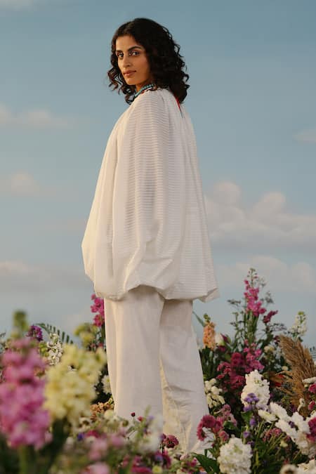 Buy_Label Rama_White Muslin Woven Stripe Plunge V Neck Le Mistral Top_Online_at_Aza_Fashions