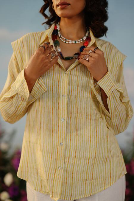 Label Rama_Yellow Muslin Printed Linear Collar Daffodil Shirt_Online_at_Aza_Fashions