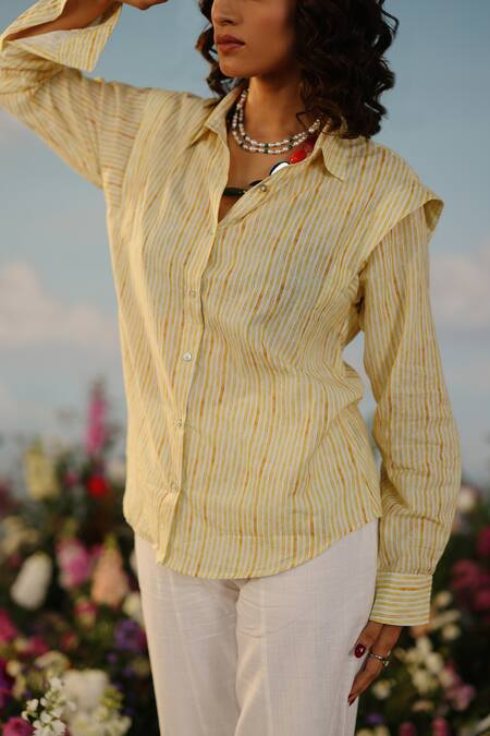 Buy_Label Rama_Yellow Muslin Printed Linear Collar Daffodil Shirt_Online_at_Aza_Fashions