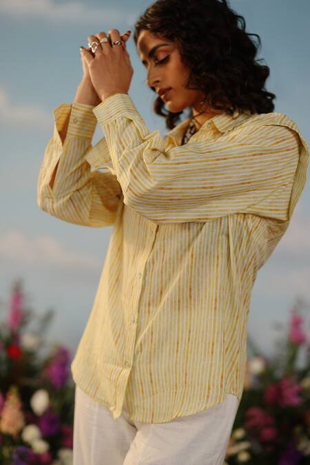 Shop_Label Rama_Yellow Muslin Printed Linear Collar Daffodil Shirt_Online_at_Aza_Fashions