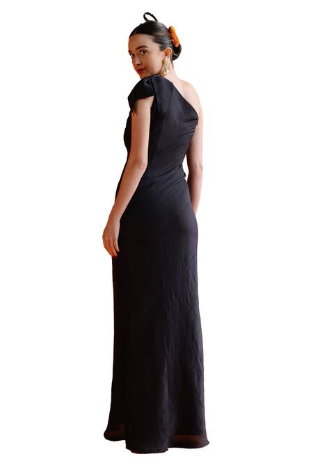 Buy_Label Rama_Black Silk Plain Asymmetric Hitachi Seaside One Shoulder Dress _Online_at_Aza_Fashions