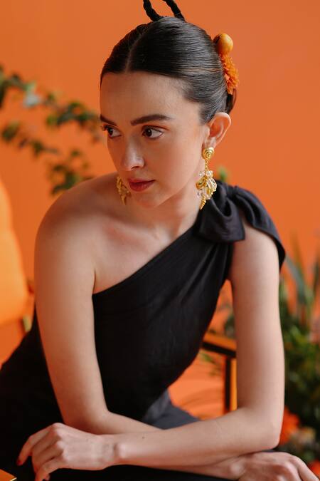 Shop_Label Rama_Black Silk Plain Asymmetric Hitachi Seaside One Shoulder Dress _Online_at_Aza_Fashions