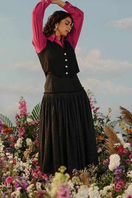 Buy_Label Rama_Black Silk Plain Peacock Midi Skirt_Online_at_Aza_Fashions