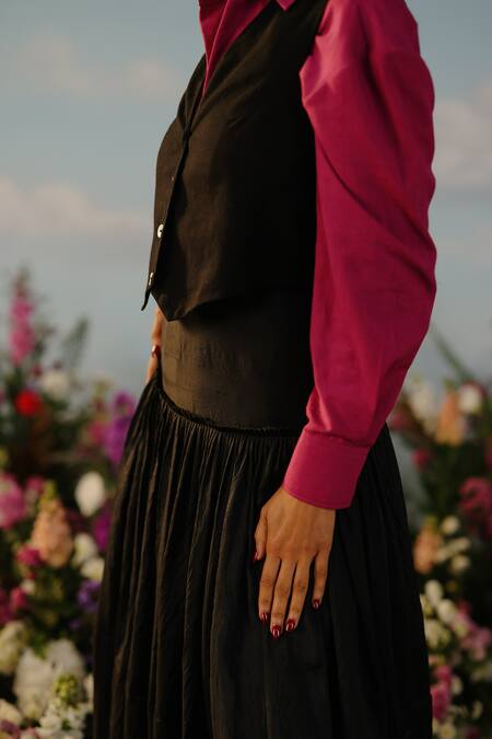 Shop_Label Rama_Black Silk Plain Peacock Midi Skirt_Online_at_Aza_Fashions