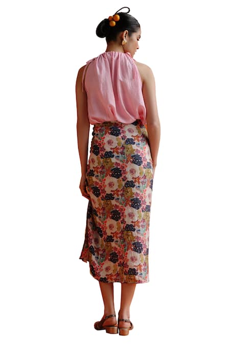 Label Rama_Multi Color Silk Printed Floral Bumble Bee A-line Midi Skirt_Online_at_Aza_Fashions