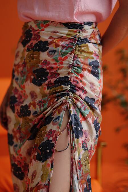 Buy_Label Rama_Multi Color Silk Printed Floral Bumble Bee A-line Midi Skirt_Online_at_Aza_Fashions