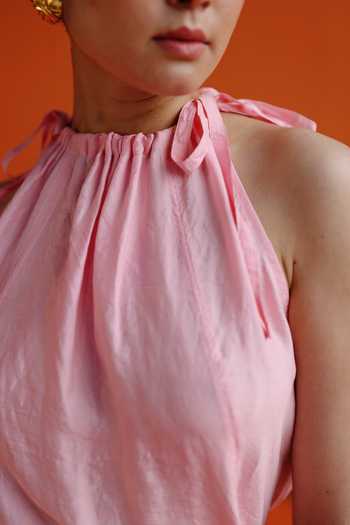 Buy Label Rama Pink Silk Plain Round Neck Sakura Panelled Top Online at Aza Fashions Buy_Label Rama_Pink Silk Plain Round Neck Sakura Panelled Top_Online_at_Aza_Fashions