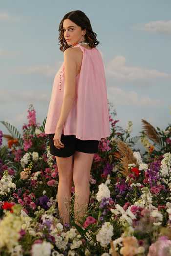 Shop Label Rama Pink Silk Plain Round Neck Sakura Panelled Top Online at Aza Fashions Shop_Label Rama_Pink Silk Plain Round Neck Sakura Panelled Top_Online_at_Aza_Fashions