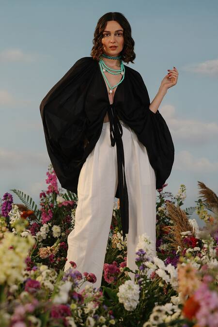 Label Rama Black Muslin Solid Plunging V Neck Le Mistral Front Tie Up Cape Online at Aza Fashions Label Rama_Black Muslin Solid Plunging V Neck Le Mistral Front Tie Up Cape_Online_at_Aza_Fashions