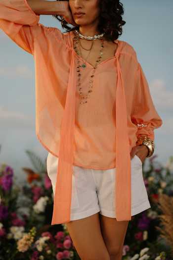 Label Rama_Peach Silk Cotton Solid Stand Collar Jasmine Plain Peasant Sleeves Top_Online_at_Aza_Fashions