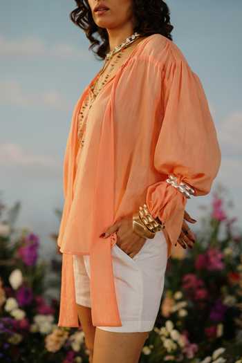 Shop_Label Rama_Peach Silk Cotton Solid Stand Collar Jasmine Plain Peasant Sleeves Top_Online_at_Aza_Fashions
