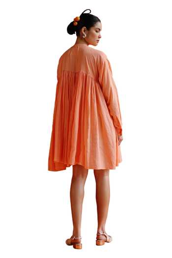 Label Rama_Peach Silk Cotton Solid High Neck Gathered Flare A-line Dress_Online_at_Aza_Fashions