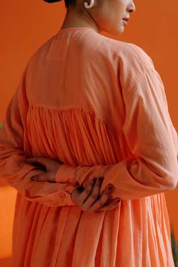 Buy_Label Rama_Peach Silk Cotton Solid High Neck Gathered Flare A-line Dress_Online_at_Aza_Fashions