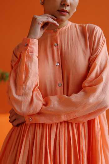 Shop_Label Rama_Peach Silk Cotton Solid High Neck Gathered Flare A-line Dress_Online_at_Aza_Fashions