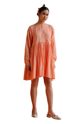 Label Rama_Peach Silk Cotton Solid High Neck Gathered Flare A-line Dress_at_Aza_Fashions