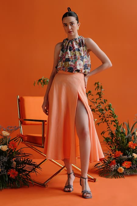 Label RaMa Peach Silk Cotton Solid Swallow Tail High Slit A-line Skirt 