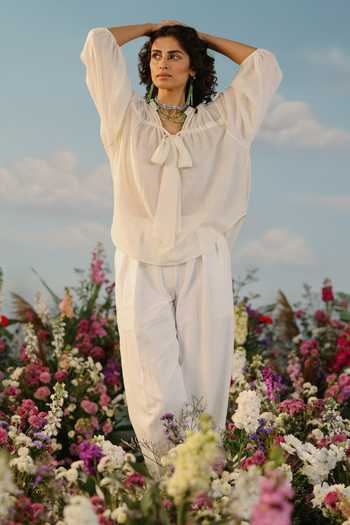 Label Rama_Off White Silk Cotton Solid Stand Collar Jasmine Peasant Sleeves Tie Up Neck Top_Online_at_Aza_Fashions